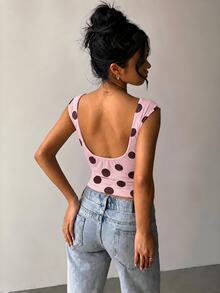 Aloruh 女款波點印花露背短袖休閒可愛性感T恤，粉色與棕色波點，適合早午餐穿著 - 彩色 - 查看 2