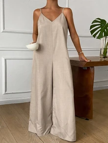 DAZY Đồ mặc nhà jumpsuit nữ màu trơn ống rộng dây mảnh - Màu Khaki - Xem 4