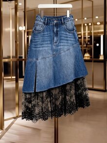 GlowEve Women's Lace Patchwork Button Fashion Denim Skirt - Blue - View 1