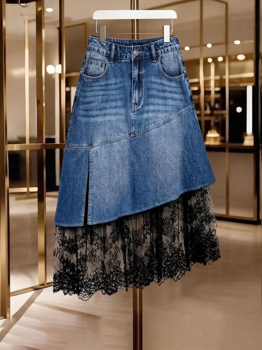 GlowEve Women's Lace Patchwork Button Fashion Denim Skirt - Blue - View 1
