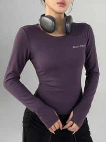 DAZY Women's All-Season Purple Letter Print Fitted Cropped Thumbhole Long Sleeve Fitness Base Layer Casual Streetwear Sports T-Shirt - Purple - View 5
