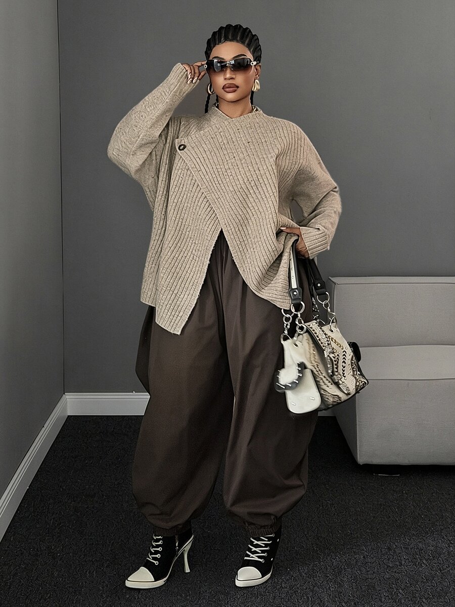 Maweii Plus Size Women's Autumn/Winter Brown Elegant Commute Knit Cardigan, Oatmeal Asymmetrical Asymmetric Button Lapel Two-Way Wear Knit Cardigan, Vintage Multicolor Ribbed Loose Design Slouchy Top - Khaki - View 1