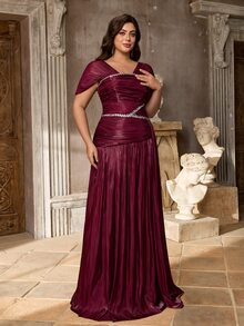 Elitara Plus Size Elegant Romantic Glamorous Navy Blue Off Shoulder Handmade Rhinestone Chain Patchwork Ruched A-Line Evening Gown, Suitable For Evening Party, Date, Ball, Vacation, Wedding Event, Guest Dress - Red - View 5