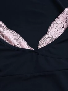 Sweetra 女款蕾絲飾邊V領長袖純色T恤與喇叭褲，秋季穿搭，2件套居家日常黑色與粉色可愛休閒 - 藏蓝色 - 查看 5