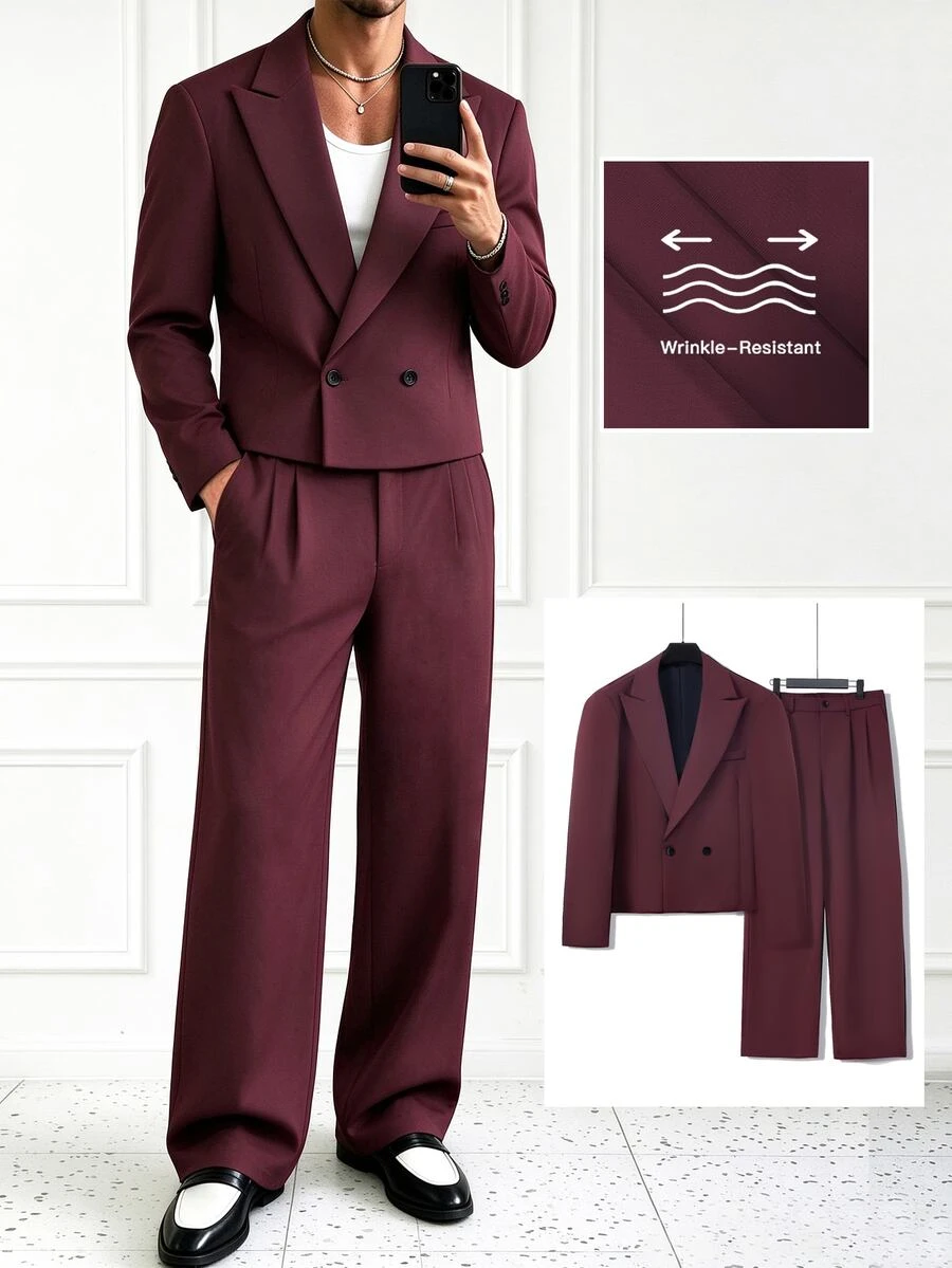 HUEFORM Men's Burgundy Peak Lapel Fashion Loose Wide Leg Suit Pants 2 Pieces Suit Set - Burgundy - View 1