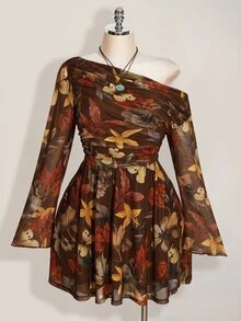 SHEIN ICON 大尺碼 Y2K 楓葉印花網紗長袖洋裝，復古休閒修身連身裙，適合春季與秋季 - 棕色 - 查看 3