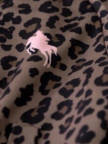 Tween Girls 2 Pieces Leopard Print Sportswear Set - Stand Collar Zip-Up Jacket + Cuffed Sweatpants, Retro Athletic Streetwear Outfit - Brown - View 5