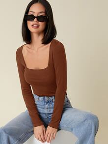 SHEIN BASICS 女款休閒純色方領修身短袖上衣，黑色夏季上衣 - 鏽棕色 - 查看 5