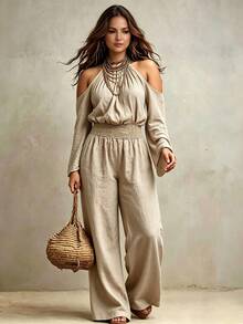 Linhara CURVE PLUS Women's Solid Color Ruched Off-Shoulder Casual Daily Wear Jumpsuit - Khaki - View 5
