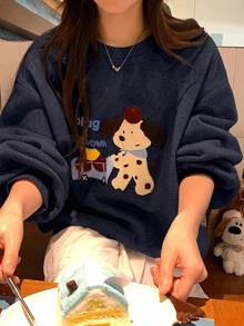 DAZY 女款圓領卡通長袖衛衣，甜美風格秋季抓絨內裡 - 藍色 - 查看 1