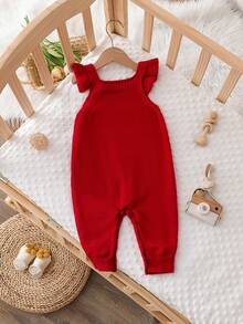SHEIN 1pc Red Ruffle Strap Romper, Exquisite Embroidered Jumpsuit, Baby Sweater Jumpsuit, Fashionable Sweet Outfit, Versatile Comfortable Christmas Wear - Red - View 2