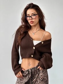 SHEIN PETITE White Lantern Sleeve Button Front Rib Knit Cardigan Open Shoulder Sweater In Autumn Petite Women Date Day Everyday Going Out Daily Wear Casual Sexy - Coffee Brown - View 11