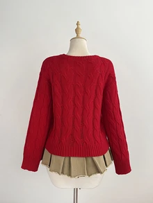 Elamini Sweater Pullover Rajut Bertekstur Merah Wanita, Kerah Bulat, Nuansa Natal, Untuk Perjalanan Sehari-hari, Musim Gugur/Dingin - Merah - View 2
