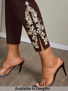 SHEIN PETITE CURVE 大尺碼刺繡高腰極簡修身長褲，休閒日常穿著，秋季 - 咖啡棕 - 查看 1