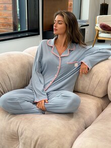 Livesso Women's Colorblock Long Sleeve Top And Pants Casual Daily Home Sleepwear Set - Blue - View 4