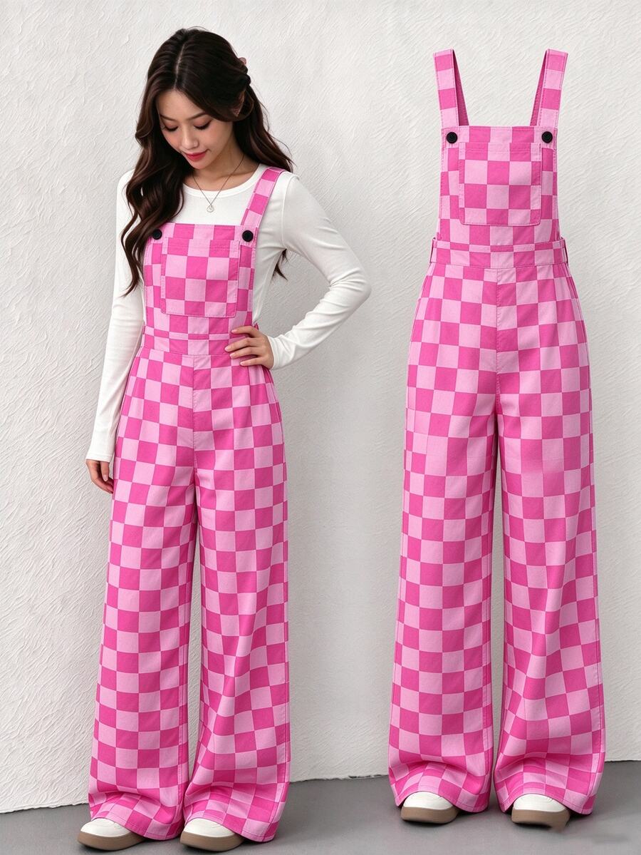 SHEIN Tween Girls Fleece Fall Clothes Autumn/Winter Ribbed Corduroy Adjustable Buckle Elastic Waist Jumpsu - Pink - View 1