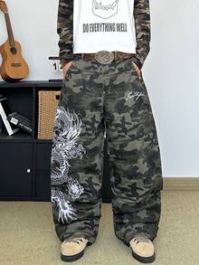 STEELVANCE Streetwear Retro Fashion Serbaguna dengan Desain Bordir, Celana Jeans Denim Kasual Longgar Lurus Lebar (Sabuk dan Aksesoris Tidak Termasuk) - Hijau Tentara - View 3