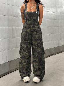 StreetHx Winter Street Cargo Utility Camouflage Cargo Denim Black Festival Daily Wear Wide Leg Denim Jumpsuit - Multicolor - View 4