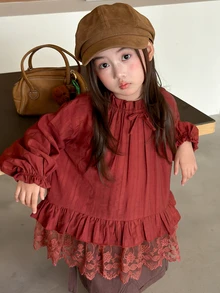 DAZY (Gadis Remaja) Kemeja Musim Gugur Lengan Panjang Kasual dengan Motif Pita dan Patchwork Renda - Burgundy - View 6