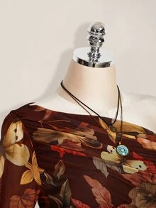 SHEIN ICON 大尺碼 Y2K 楓葉印花網紗長袖洋裝，復古休閒修身連身裙，適合春季與秋季 - 棕色 - 查看 9