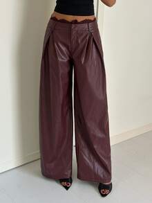 Aloruh Women's Autumn/Winter Party Elegant Lace Patchwork PU Wide Leg Pants - Burgundy - View 5