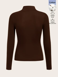 SHEIN BASICS 女款純色高領極簡時尚百搭長袖T恤 - 咖啡棕 - 查看 2