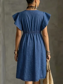 Linhara CURVE Plus Size Women's Fashion Washed Single-Breasted Denim Dress - Dark Wash - View 2