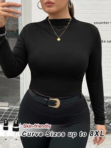 SHEIN CURVE+ Plus Size 22W Mock Neck Ruched Slim Fit Tee Fall - Black - View 3