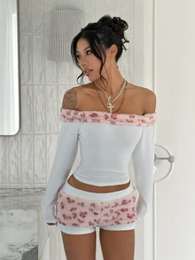 EgrlEra Women's Pink Leopard Print Fuzzy Patchwork Off-Shoulder Long Sleeve Top + Folded Waist Shorts 2 Pieces Set - White - View 6