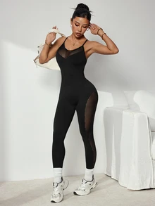 SHEIN Dewbera 1pc Regular One-Piece Jumpsuit/Mesh+Hollow+Cross Strap Design/Basic Style/Black/Sports Jumpsuit+Fitness/Yoga - Black - View 6