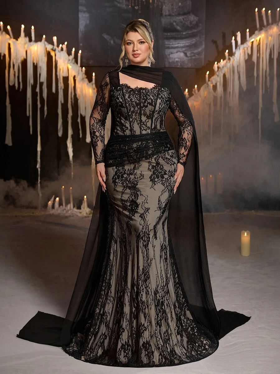 Glamrae Plus Size Elegant Romantic Glamorous Black & Nude Contrast Cold Shoulder Ruffle Fitted Mermaid Hem Evening Gown, Suitable For Evening Party, Date, Ball, Vacation, Wedding, Event, Heavily Embellished - Multicolor - View 1