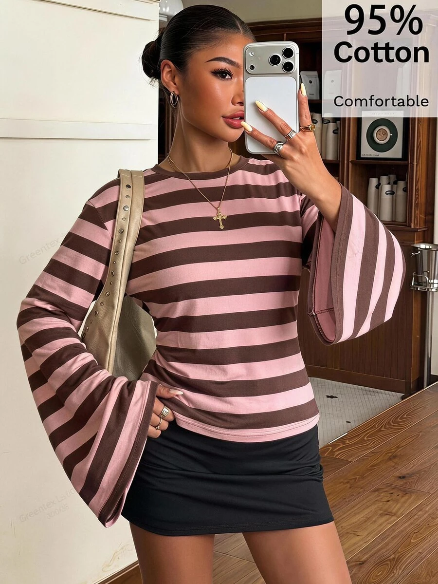Muchica Brown Striped Casual T-Shirt, Batwing Sleeves, Flared Cuffs, Cinched Waist, Back Tie - Suitable For Spring And Autumn Wear. - Multicolor - View 1