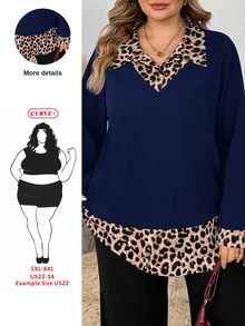 SHEIN CURVE+ 大尺碼女款休閒豹紋落肩袖圓弧下擺 2-In-1 上衣（秋季風格） - 藏蓝色 - 查看 8