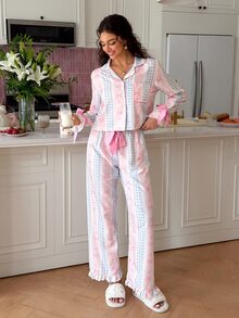 SweetSlumber Women's Sweet INS Striped Bow Plaid Print Contrast Color Lapel Long Sleeve Long Pants Pajama Set - Multicolor - View 4