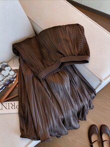 INAWLY Old Money Style Textured Pleated A-Line Skirt - Coffee Brown - View 2
