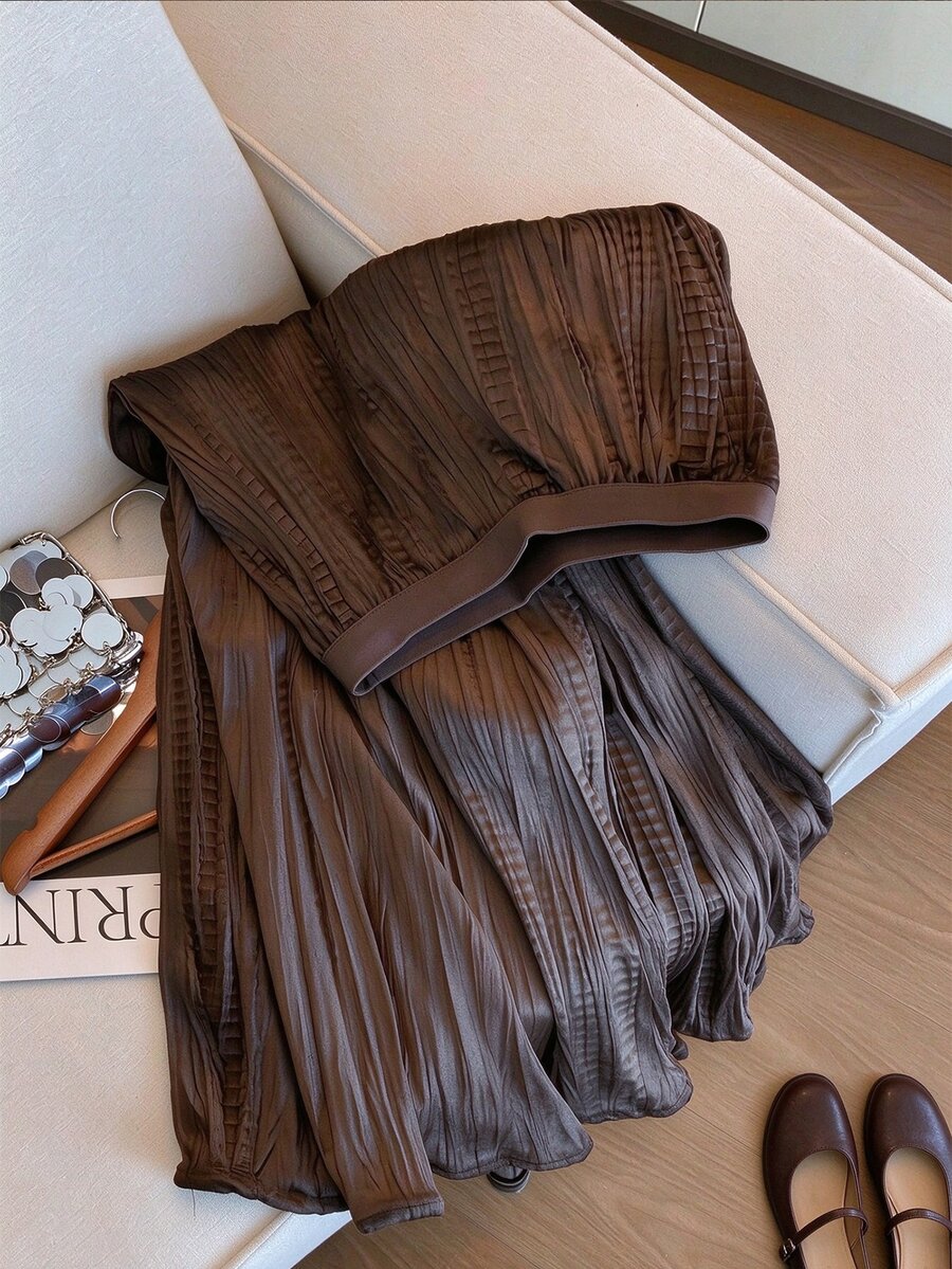INAWLY Old Money Style Textured Pleated A-Line Skirt - Coffee Brown - View 1