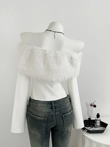 Elamini Women's Autumn/Winter Sexy White Fuzzy Off Shoulder Bandeau Tight Sexy Bodysuit - White - View 2