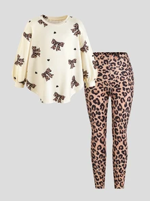 Young Girl Leopard Print Kids Bow Long Sleeve T-Shirt And Leopard Print Leggings Set - Multicolor - View 1