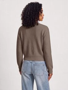 SHEIN BASICS 女款復古休閒純色單排扣長袖針織開襟衫 辦公日常校園商務 橄欖綠 秋季 - 駝色 - 查看 5