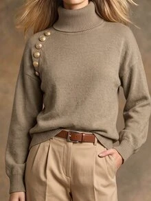 Omancia Women's Solid Color Casual Versatile Daily Wear Long Sleeve Sweater - Khaki - View 4