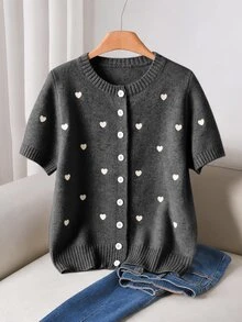 CosyJoli 大尺碼女款愛心刺繡圓領短袖單排扣休閒可愛仙氣針織開襟衫 秋季 正式約會之夜派對 米色 冬季 - 灰色 - 查看 6