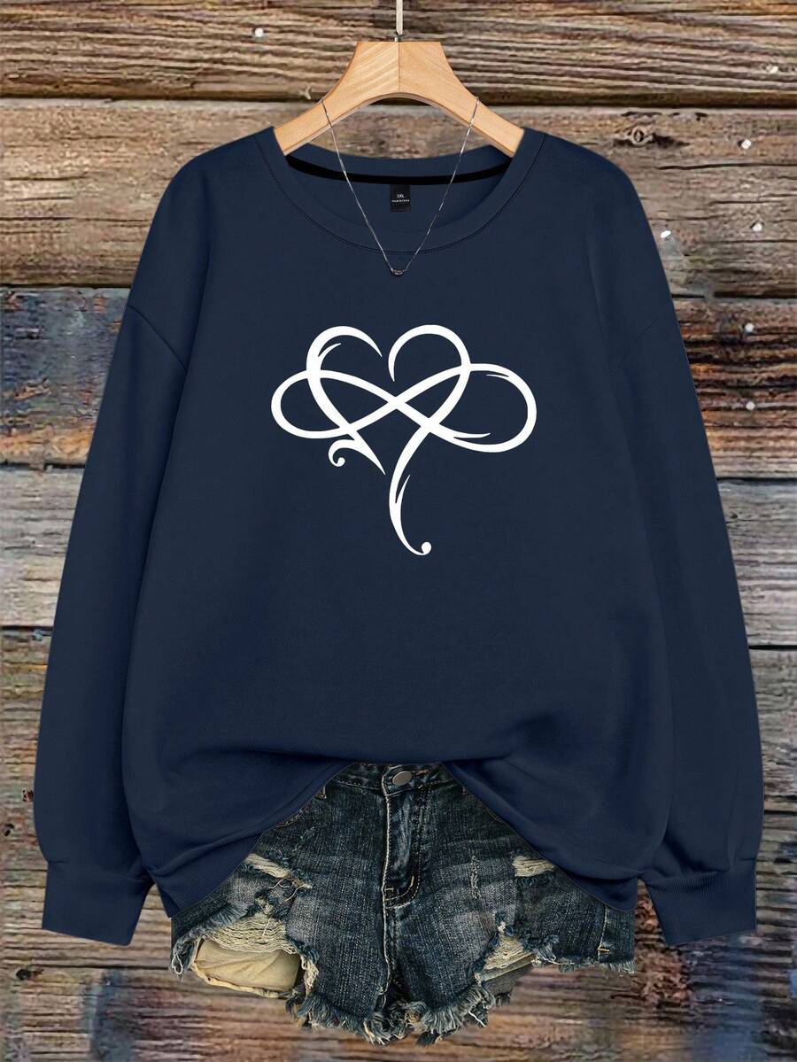 EMERY ROSE Plus Size Women Heart Print Sage Green Sweatshirt, Chic Crew Neck Pullover, Smart Casual Fall Winter, Teacher Graduation - Navy Blue - View 1