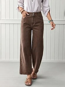 EMERY ROSE Plus Size Women's Casual Daily Denim Jeans With Pockets And Buttons - Coffee Brown - View 1