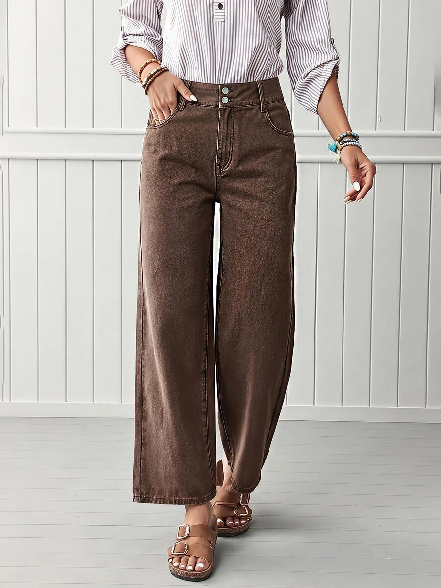 EMERY ROSE Plus Size Women's Casual Daily Denim Jeans With Pockets And Buttons - Coffee Brown - View 1