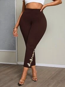 SHEIN PETITE CURVE 大尺碼刺繡高腰極簡修身長褲，休閒日常穿著，秋季 - 咖啡棕 - 查看 7