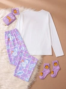 GARFIELD | SHEIN [Coffee Cat]2件組女款大童時尚休閒寬鬆舒適咖啡貓元素滿版印花長褲與寬鬆咖啡貓圖案圓領套頭長袖上衣套裝，舒適居家服，休閒百搭長袖長褲套裝，適合居家與外出 - 白色 - 查看 2