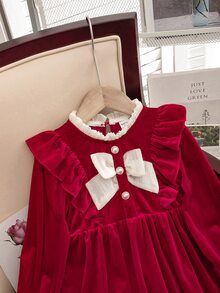SHEIN 少女配色拼接百褶時尚派對夏季洋裝 - 紅色 - 查看 3
