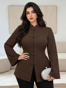 Solavon قميص نسائي مقاس كبير بلون موحد كاجوال متعدد الاستخدامات للاستخدام اليومي - قهوة بني - مشاهدة 1