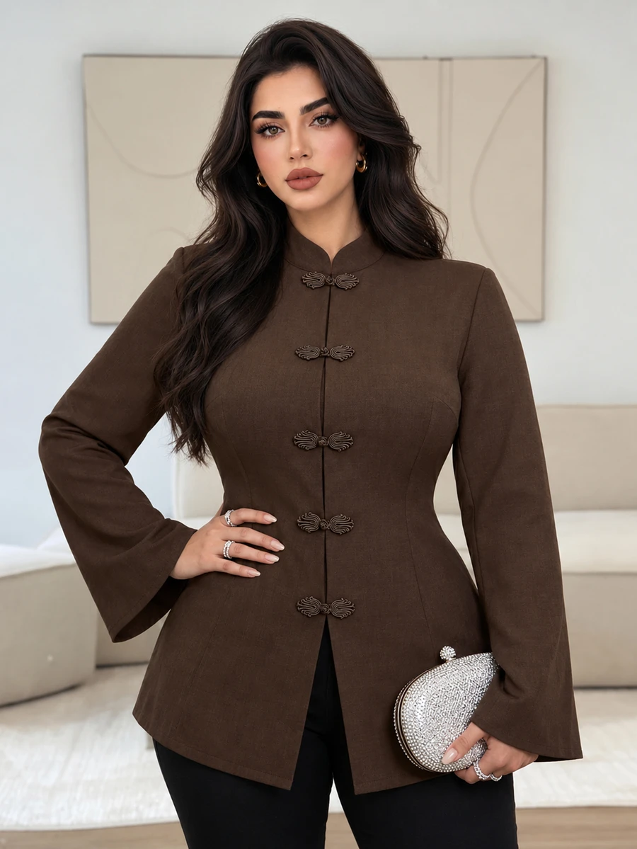 Solavon قميص نسائي مقاس كبير بلون موحد كاجوال متعدد الاستخدامات للاستخدام اليومي - قهوة بني - مشاهدة 1