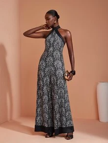 JIAN LASALA Knit Halter Neckline Sleeveless Contrast Band Elegant Long Jumpsuit Vacation Causal - Multicolor - View 4